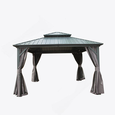 12' X 12' Hardtop Gazebo, Aluminum Metal Gazebo With Galvanized Steel Double Roof Canopy, Curtain And Netting, Permanent Gazebo Pavilion For Patio, Backyard, Deck, Lawn