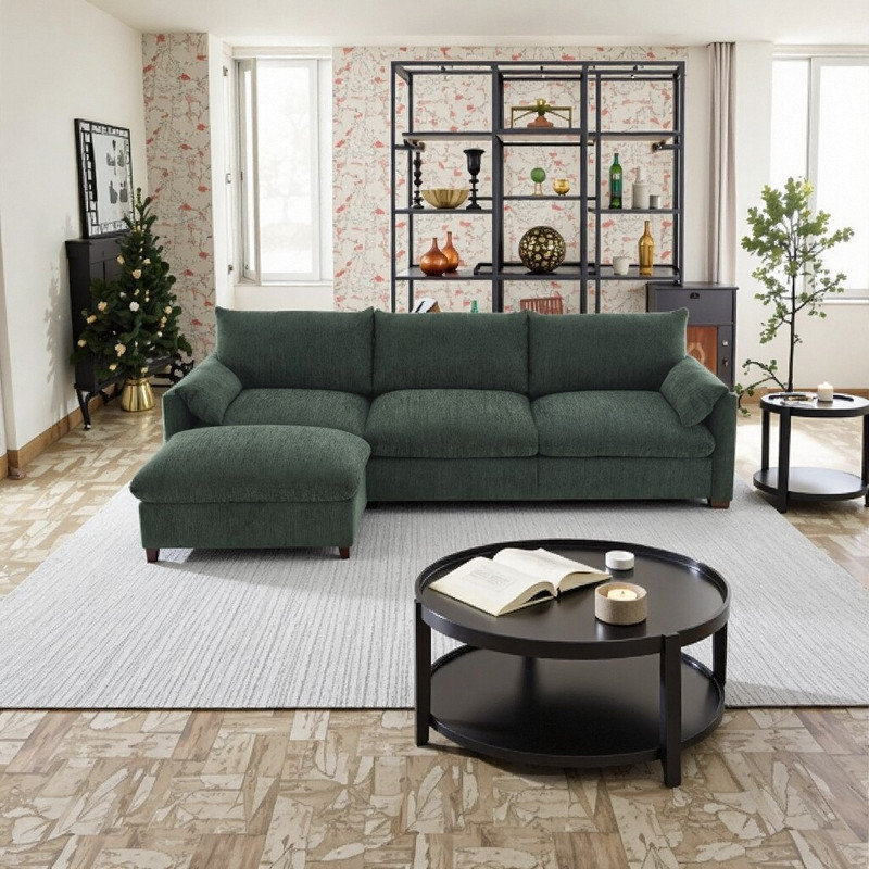 Canapé modulaire en chenille de 96,5 po en L avec repose-pieds, chargeur USB, support de téléphone réglable et rangement pour accoudoirs