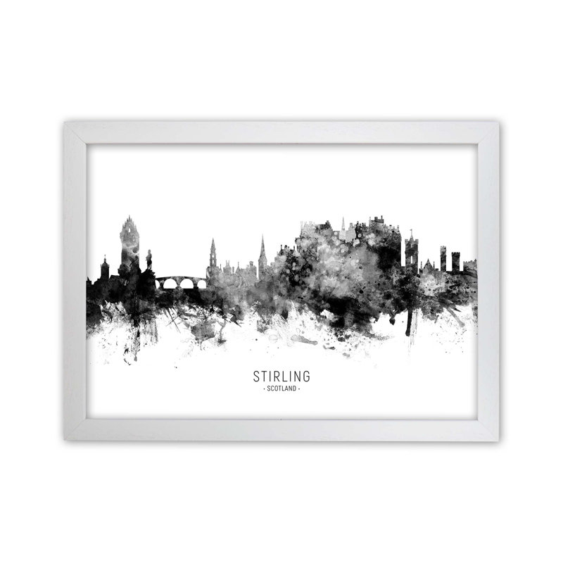 Stirling Scotland Skyline Black White City Name by Michael Tompsett - Print, 25cm H x 34cm W x 3cm D, White Framed