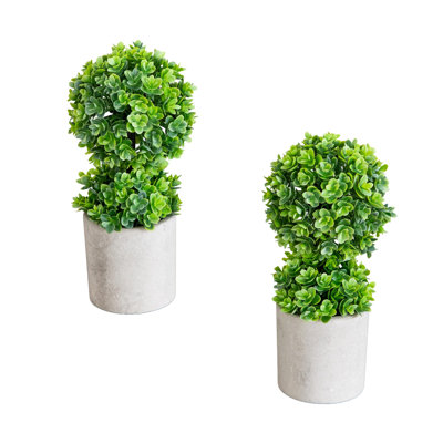 9 po Mini topiaire artificielle en forme de boule d'eucalyptus en pot de ciment - ensemble de 2