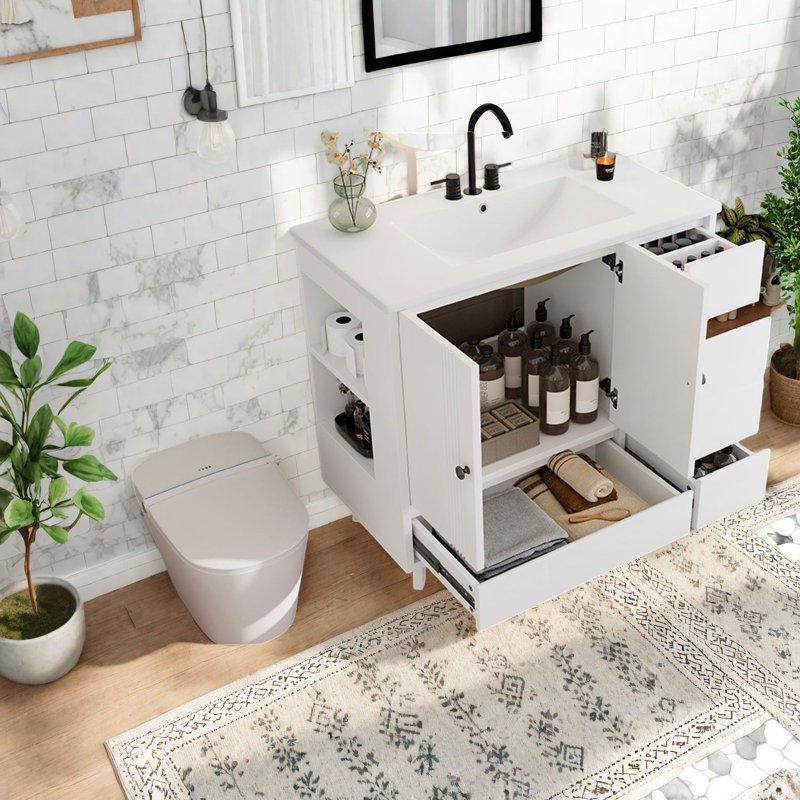 Modern Vanity Cabinet And Sink, Solid Wood Freestanding Storage Solution