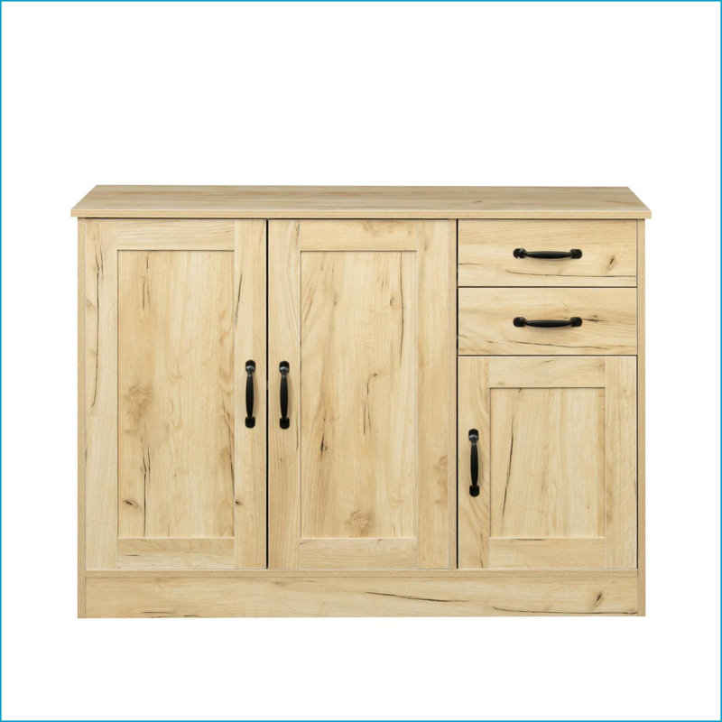 Buffets en bois d'ingénierie moderne en chêne avec 2 portes, 2 tiroirs Tablette réglable | 43,3 pouces | Panneau de particules | Panneau de fibres à densité moyenne