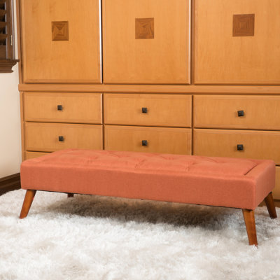 Dessus capitonné - magnifique tissu orange avec pieds inclinés. Matériau en bouleau. 52 po X 23 16 28 lb. Élégant charme Mid-Century. Décoratif