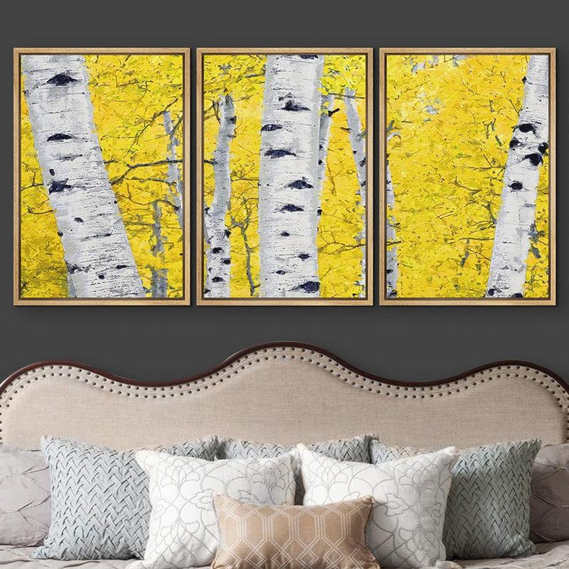Aspen bouleau fissuré, texture de la forêt jaune, feuilles, art moderne, rustique, 3 pièces, Cadre naturel flottant