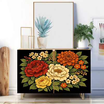Buffet étroit de 35,4 po de largeur - armoire de rangement décorative à 2 portes avec imprimé floral rouge, blanc et jaune rétro et pieds en métal