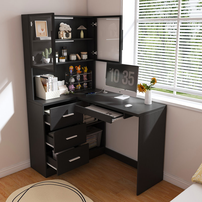 Bureau d'ordinateur avec armoires en verre et lumières DEL intégrées (sans la chaise)