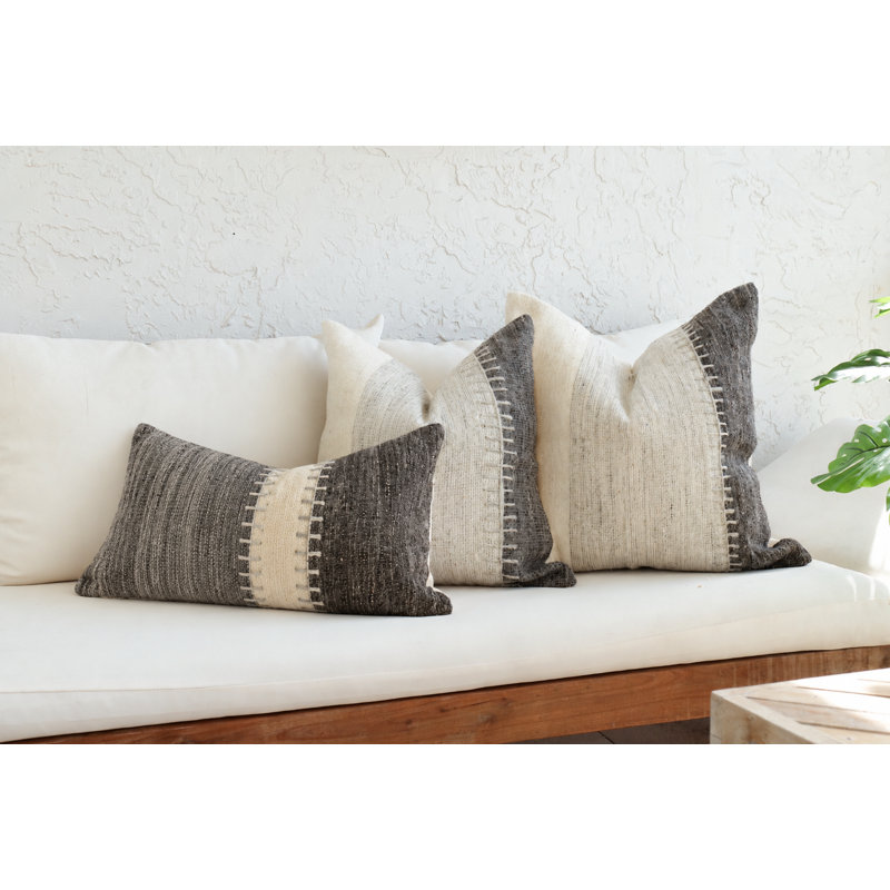 Gray & White Handwoven Textured Wool Lumbar Pillow Cover