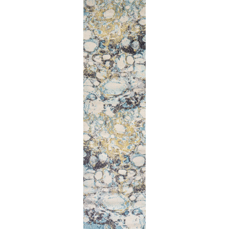 Dessens Marbled Abstract Blue/Beige Rug, Runner 2'3" x 8'