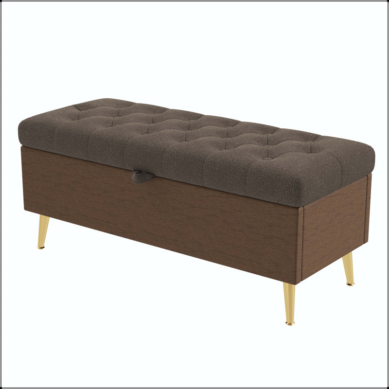 Banc de rangement moderne capitonné avec tissu capitonné et pieds en métal doré - café, Coffee, Coffee