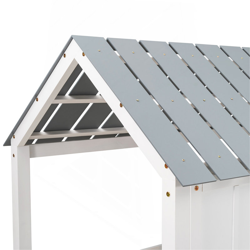 Twin Size Low Loft House Bed With Roof And Two Front Windows , White