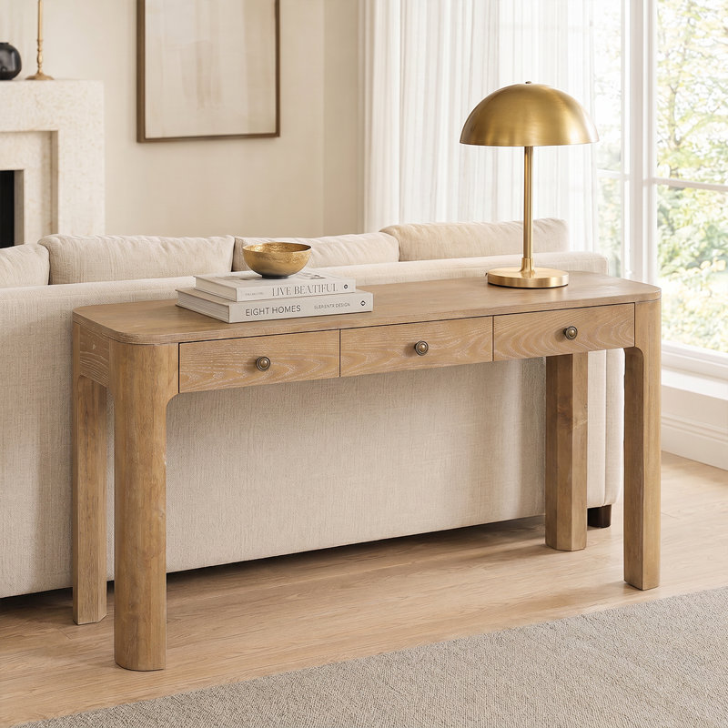Safety-Focused Vintage Console Table With Rounded Corners&Storage Drawers & Decorative Display Function, Natural Wood