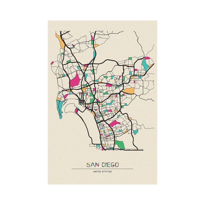 Carte de San Diego, Californie par - Toile tendue, H 12 po x l 8 po x P 0,75 po