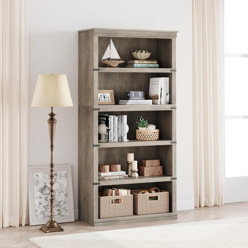 5-Tier Farmhouse Bookcase - 67.4" Tall Wooden Storage Shelf for Living Room, Bedroom & Office, Gray