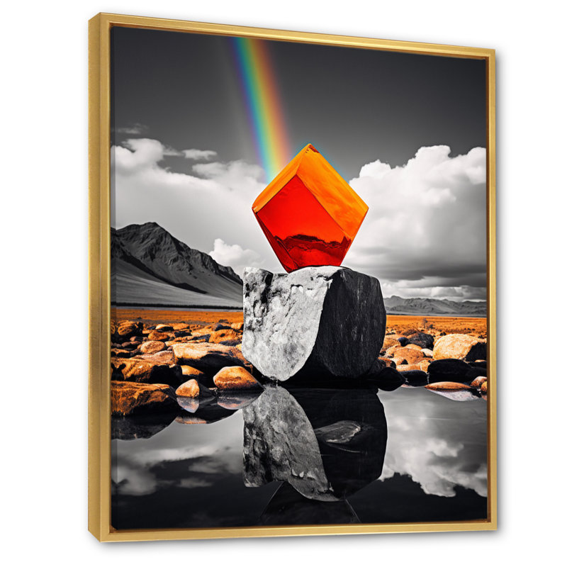 Paysage monochromatique et prisme orange - reproduction sur toile, H 20 po x l 12 po x P 1 po, Cadre flottant doré