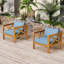 Fauteuils club d'extérieur en bois avec coussins bleus, conversation, siège ergonomique confortable pour se prélasser