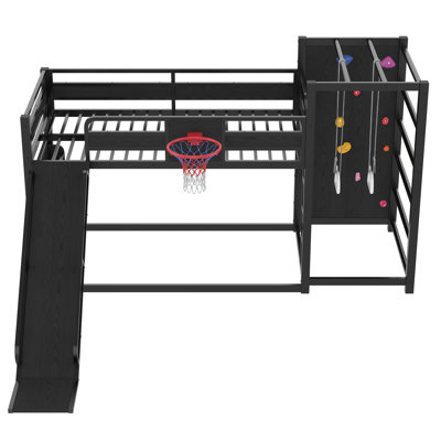 Twin Size Metal Loft/Bunk Bed With Basketball Hoop, Pull-Up Rings, Climbing Wall, And Built-In Bookshelves