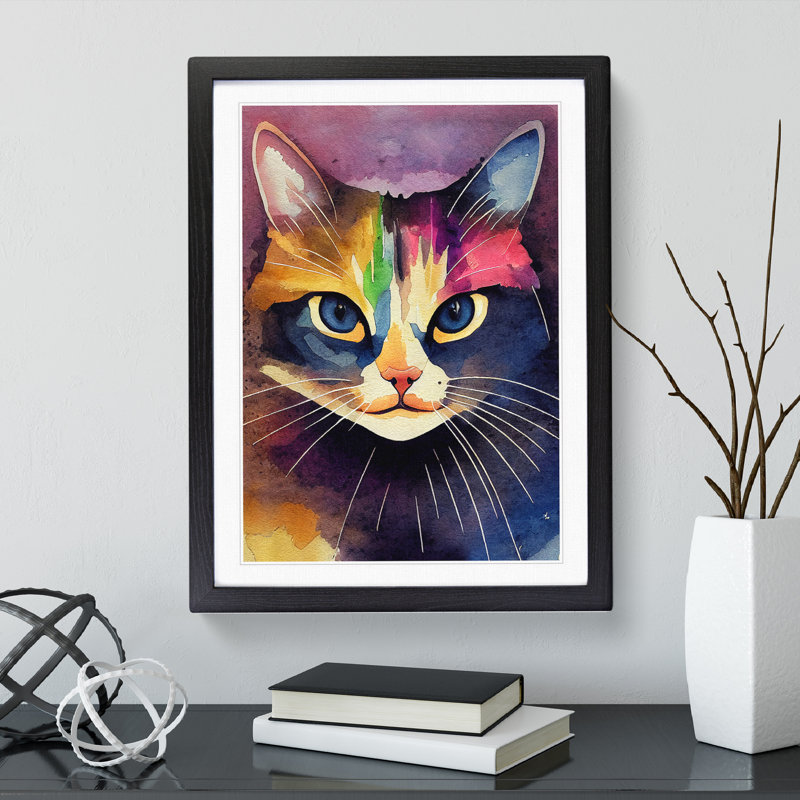 Cat Watercolour No.1 - Painting, 66cm H x 48cm W x 2cm D, Black Framed, White