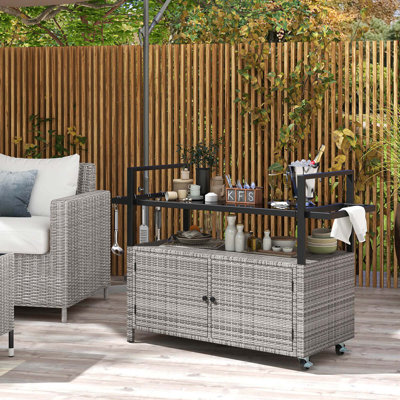 Outdoor Bar Cart With Tempered Glass Top Storage Cabinet & 8 Hooks For Porch by Latitude Run