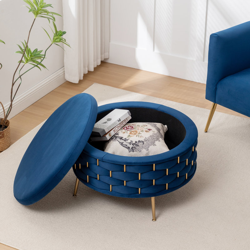 Cristen Upholstered Round Storage Ottoman, Navy