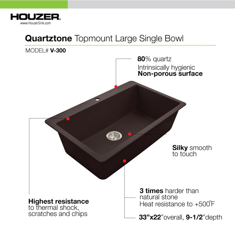 Houzer Quartztone 33 inch Mocha Granite Composite Topmount Single Bowl Kitchen Sink - V-300 MOCHA