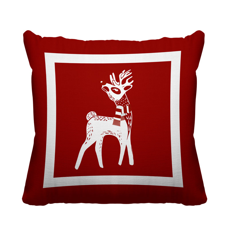 Coussin décoratif intérieur / extérieur Folk Christmas Reindeer, L 15 po x H 15 po, Rouge