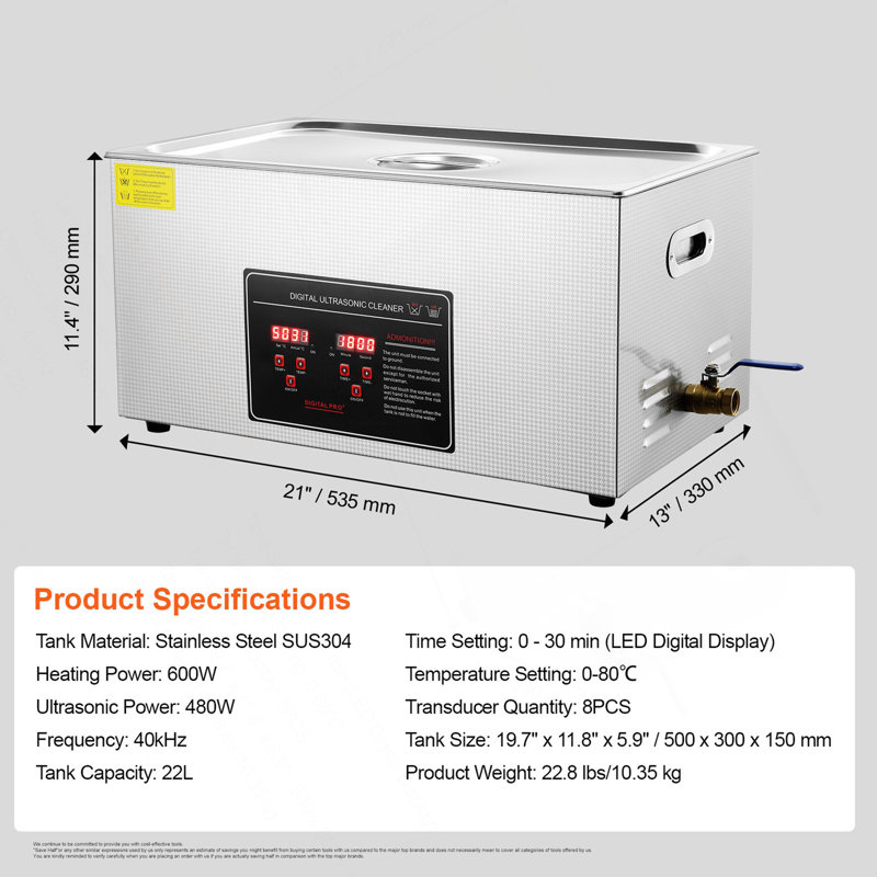 Ultrasonic Cleaner With Digital Timer & Heater, Professional Ultra Sonic Jewelry Cleaner, Stainless Steel Heated Cleaning Machine For Glasses Watch Rings Small Parts Circuit Board (22L)