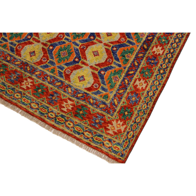 Tapis rouge / orange / vert en laine noué à la main de style sud-ouest Laudalino 5 pi 8 po x 8 pi