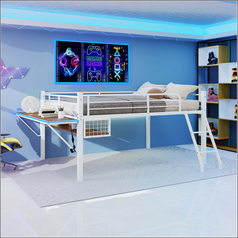 Lit mezzanine double en métal avec bureau intégré et bande lumineuse à DEL, Blanc