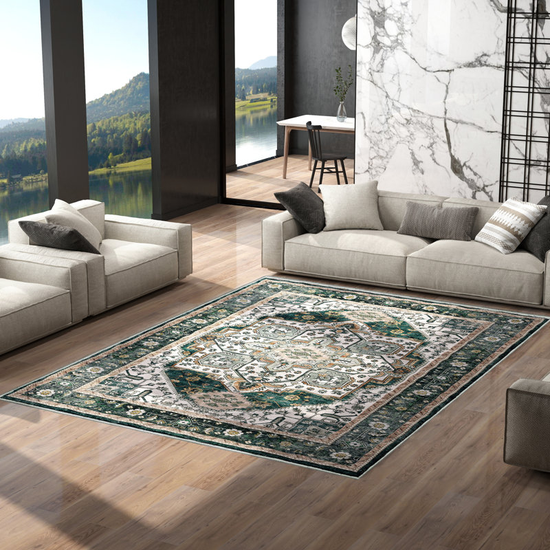 Anran Machine Washable Green Area Rug, Rectangle 9' x 12'