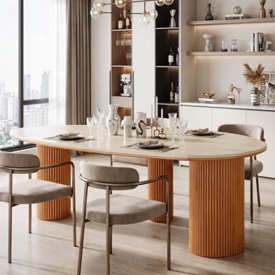 Oval Stone Dining Table with Solid Wood Legs, Modern Dining Room Table for Family Gatherings