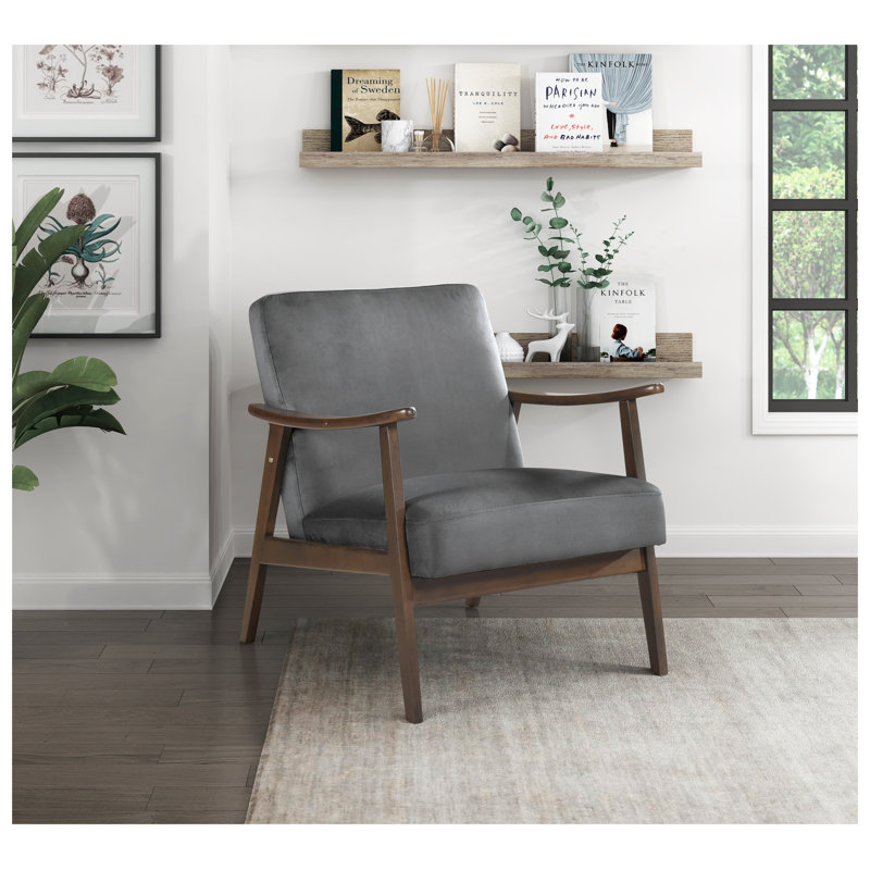 Fauteuil d'appoint moderne du milieu du siècle avec revêtement en velours gris foncé et structure en bois massif