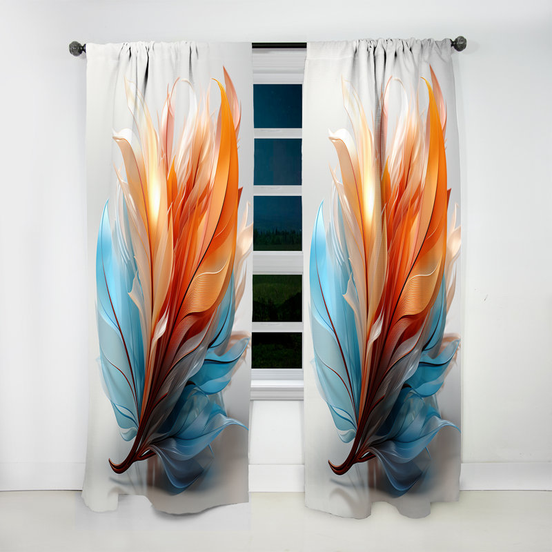 Rideau en velours animaux orange et turquoise I - Fractal Boho Feather, L 52 po x L 84 po