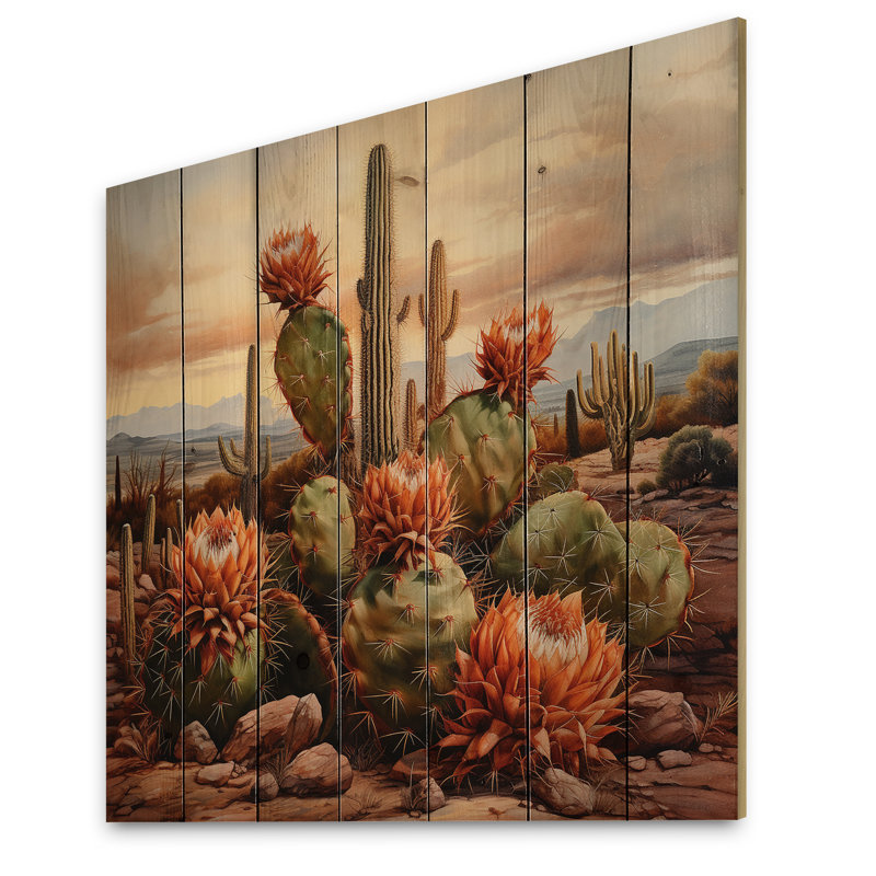 Cactus en cuivre dans le Nevada I - Art mural en bois de cactus sur bois de pin naturel, H 15 po x l 15 po