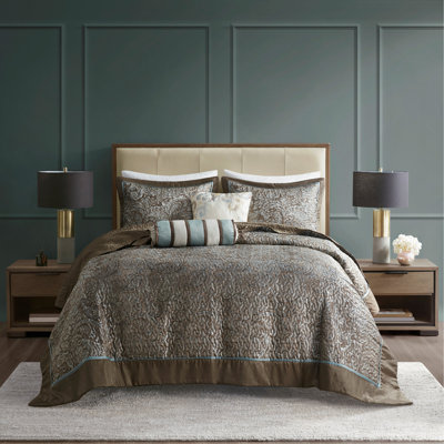  Ensemble de couvre-lit jacquard 5 pièces, ensemble de literie de luxe bleu / brun avec coussins décoratifs, très grand