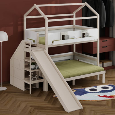 Lit superposé avec glissière et escalier de rangement, cadre de lit en bois, conception de maison avec garde-corps et tablettes