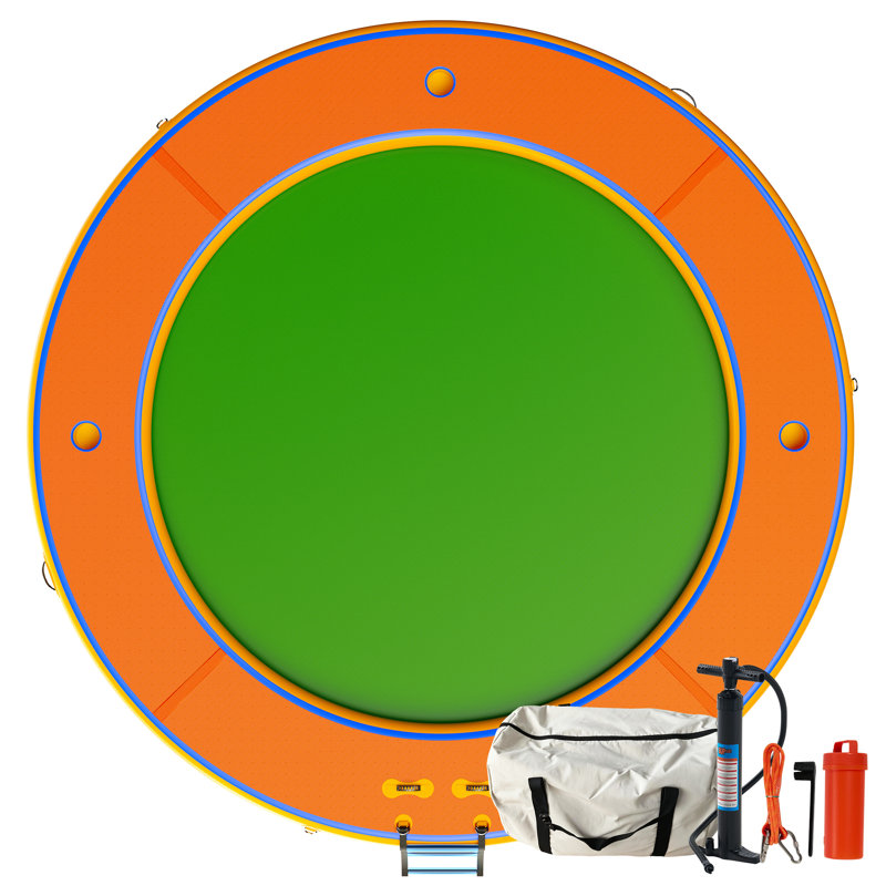 12 FT Round Floating Ring Inflatable Water Hammock with Soft Ladder, Heavy Duty Lake Raft for Pool and Lake, Inflatable Raft Fits Multiple People for Summer Party, Orange+Green