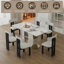 Ensemble de table de salle à manger de 63 po pour 4 à 6 personnes avec rangement, plateau en pierre brûlée et base en bois massif doré, comprenant 6 chaises en velours blanc pour la cuisine et l’appartement