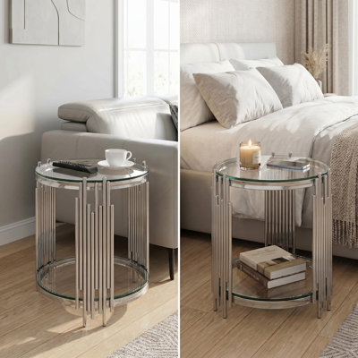 Table de bout ronde en verre 19,7 po, table d'appoint argentée à 2 niveaux avec pieds en acier inoxydable et verre trempé transparent, table de bout de luxe moderne pour le bureau à domicile