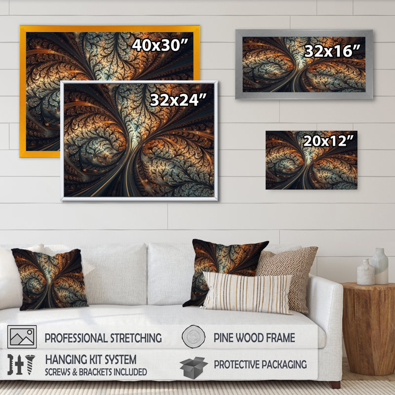 Fusion fractale bleue et orange IV - impression, H 34 po x l 44 po x P 1,5 po, Cadre flottant noir