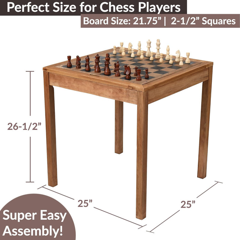 Ensemble de meubles de table de jeu en bois à carreaux d'échecs et backgammon 3 en 1, 25 po x 25 po, très grand 4 po