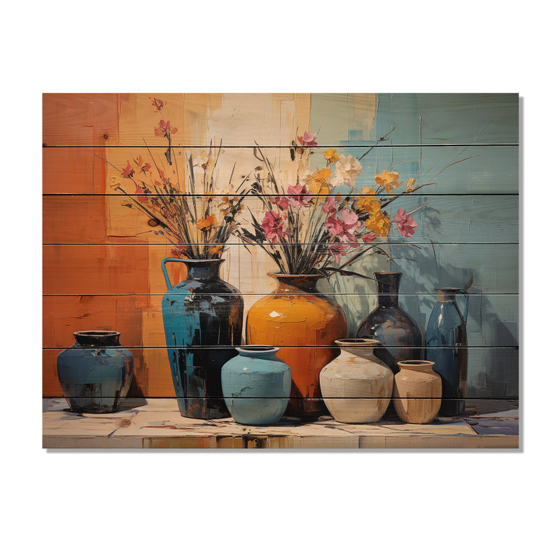 Expressions de poterie bleue bleue - poterie bohème sur bois, H 24 po x l 32 po x P 0,78 po