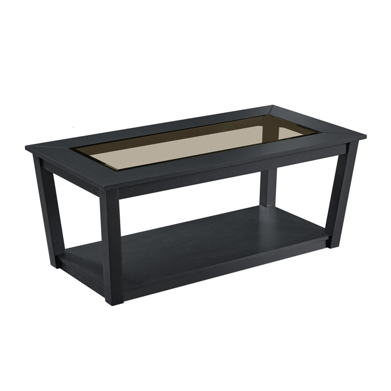 3-Piece Table Set Rectangular Coffee Table Two Matching End Tables Black Mdf/Glass Glass Top Wooden Base Open Lower Shelf Additional Storage Display Contemporary Home