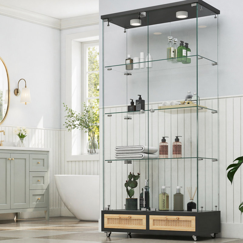 Vitrine moderne avec grands tiroirs, conception à assemblage rapide, lumières DEL, idéale pour divers espaces et objets de collection