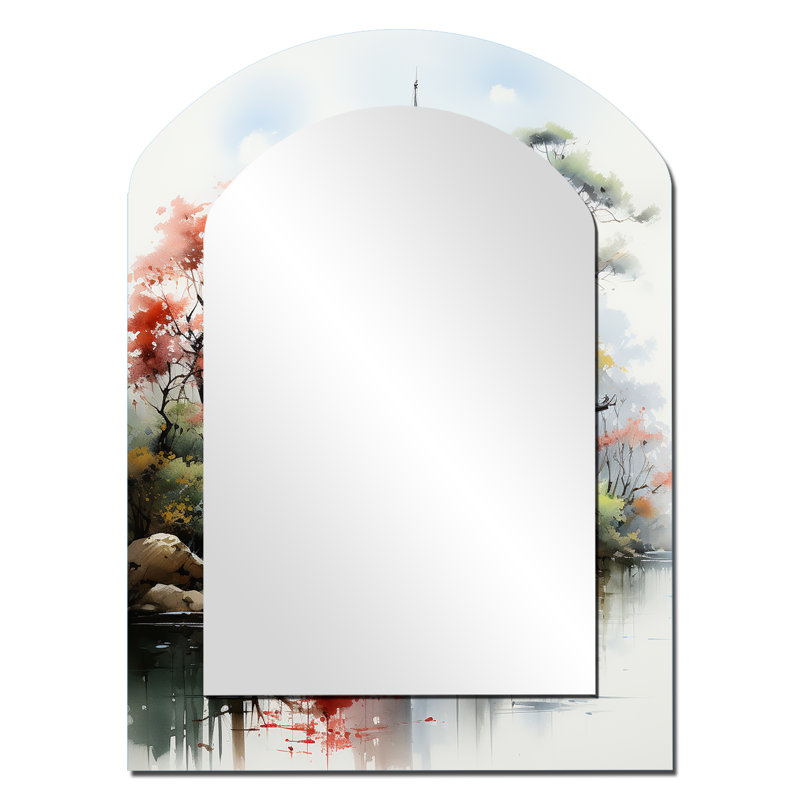 Asian Art Serene Pagoda IV - miroir mural décoratif arche, art asymétrique, 34 po x 25 po