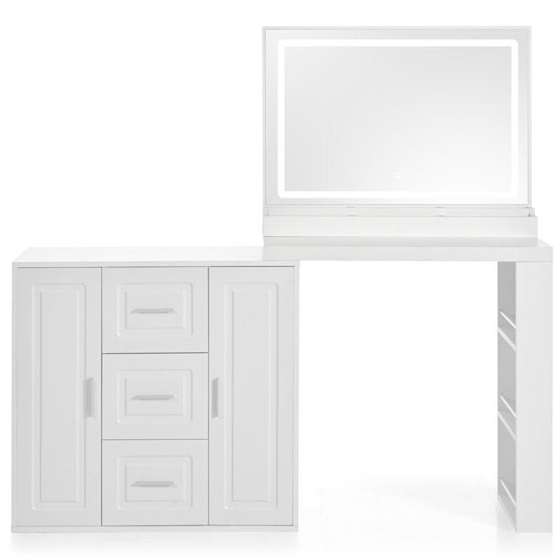 Bureau de coiffeuse 59 "avec miroir, miroir de coiffeuse avec lumières, coiffeuse avec 3 tiroirs et 2 armoires, coiffeuse avec tablettes de rangement pour la chambre à coucher, blanc