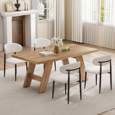 Wooden Rectangle Dining Set for 4-6, Mid-Century Modern Kitchen Table and Linen Upholstered Chair for Dining Room