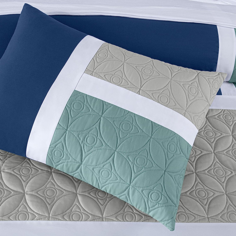 Navy Blue and Gray Microfiber Queen Bed in a Bag Set