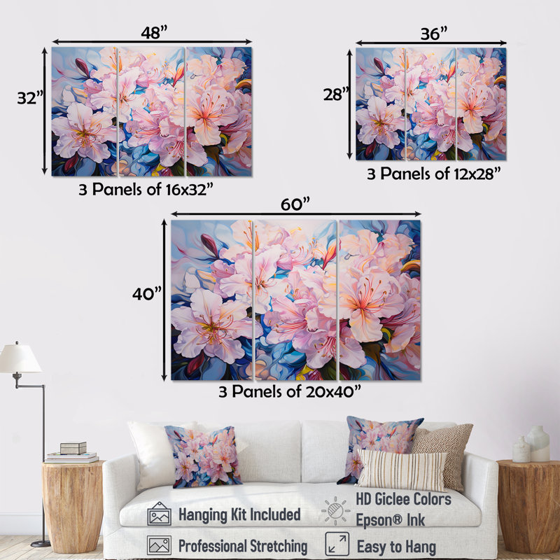 Ensemble de salon art mural rhododendron rose, Toile tendue, H 32 po x l 48 po x P 1 po