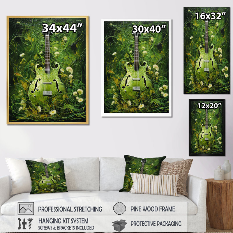 «Music Guitare Meadows Grass Green III» sur toile, Cadre simple noir, H 20 po x l 12 po x P 1 po