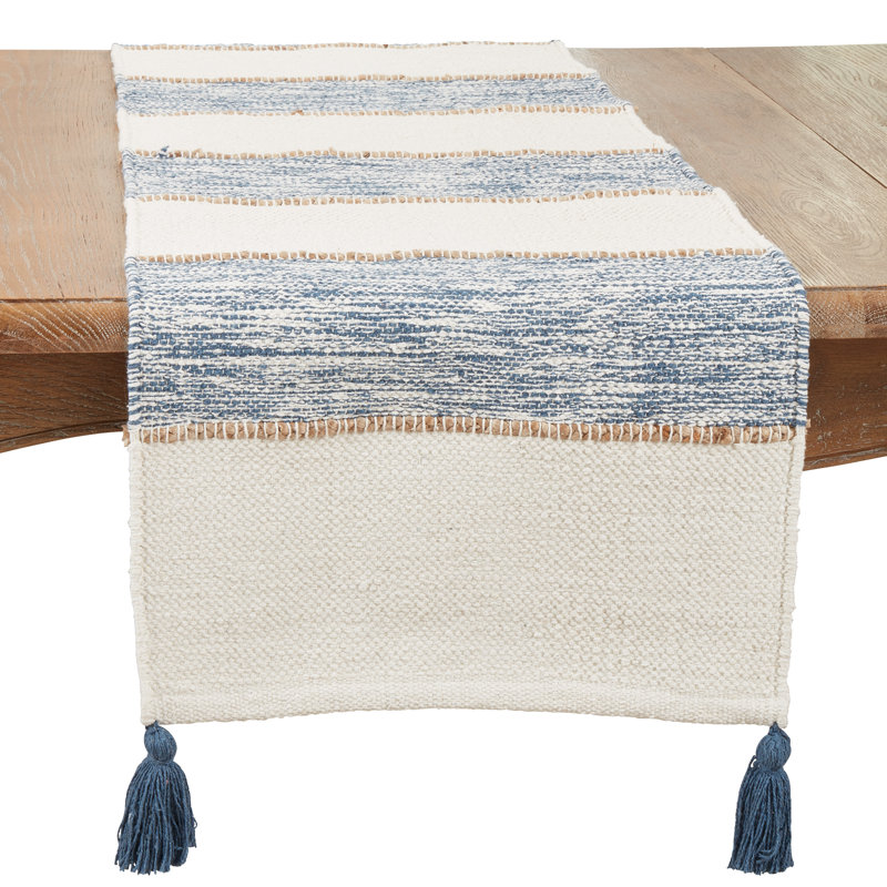 Textured Striped Tassel Table Runner, Navy Blue